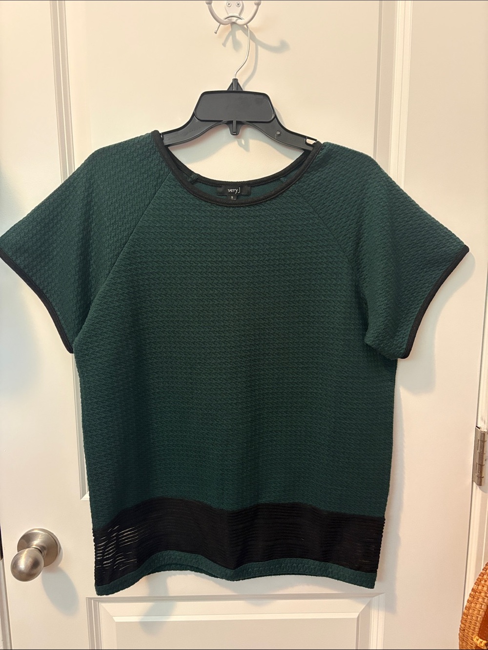 Green Short-Sleeve Textured Top with Black Trim